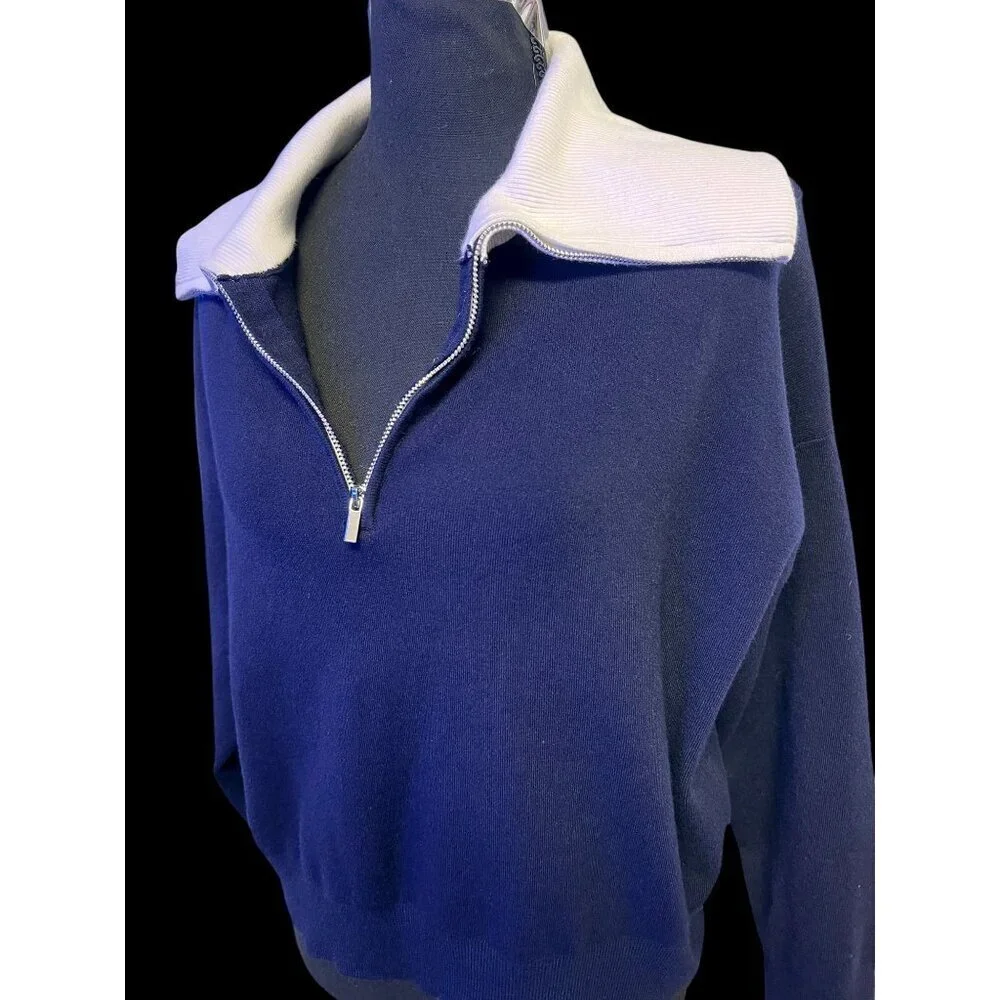 MNG Half-Zip Sweater Women Medium Navy Blue White Collar Coastal lagom cozy